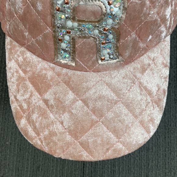 Justice Baseball Hat Girls One Size Light Pink Velour Quilted Bejeweled Initial - Picture 4 of 13